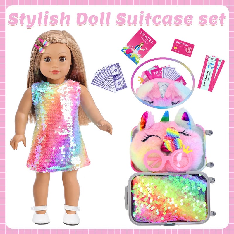 K. T. Fancy K.T. Fancy 23 Pcs American 18 Inch Doll Clothes and Accessories  Cute Doll Suitcase Set for 18 Inch Girl Doll Included Doll Sequined Dress  Sunglasses  Unicorn Bag  Shoes(No Doll) - Image 4